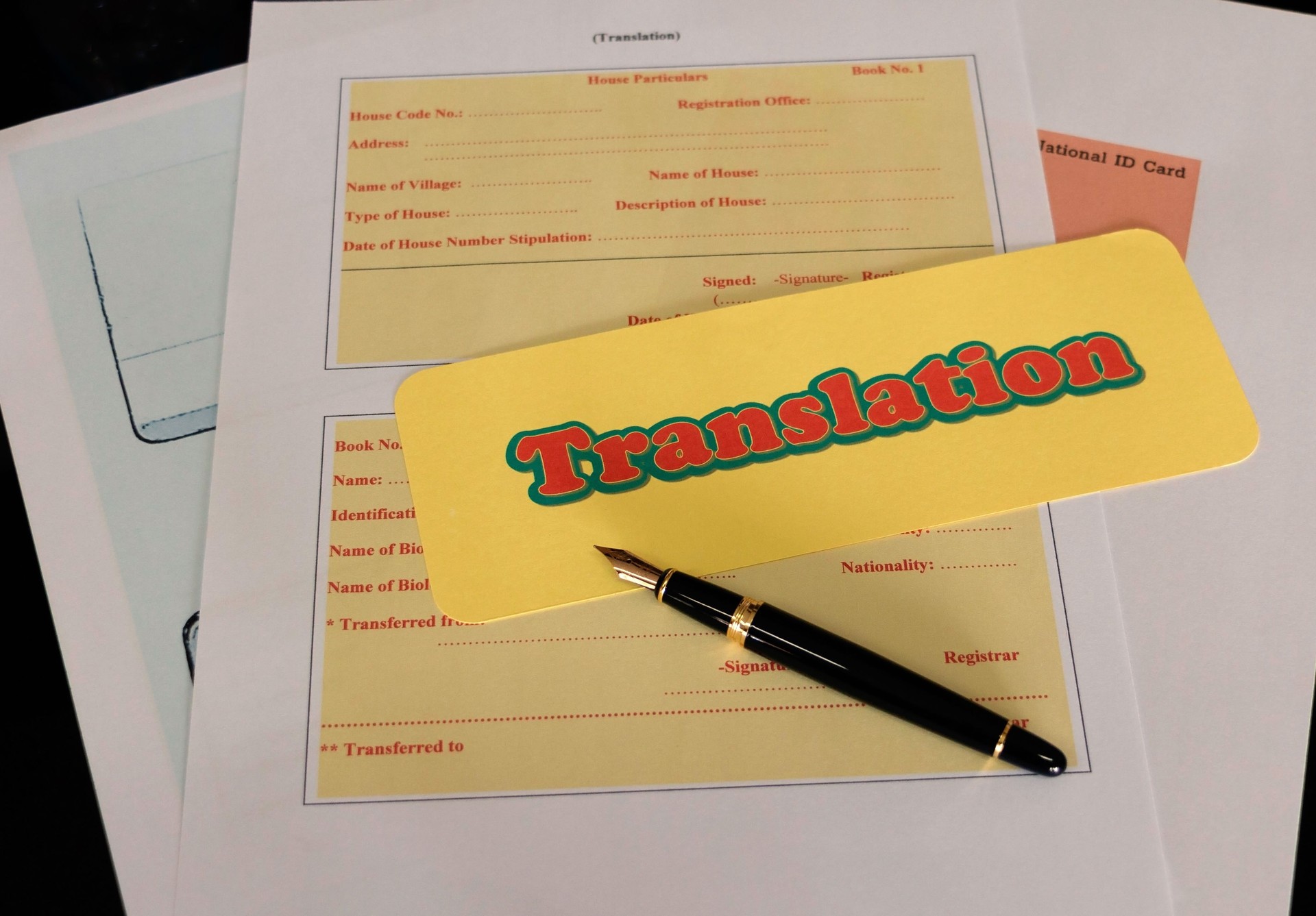 translation paperwork on table in office